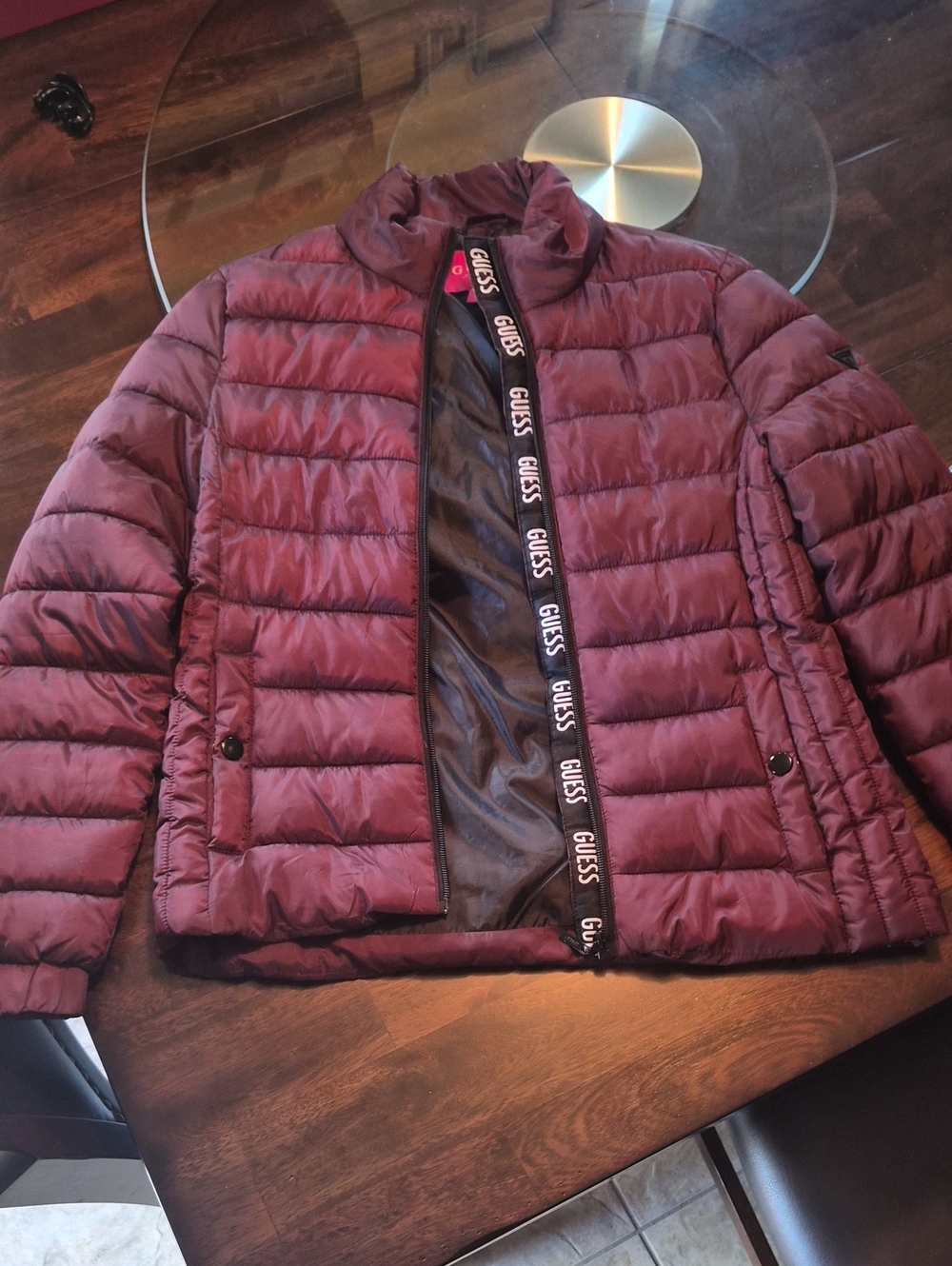 Guess Quilted Puffer Jacket in Burgundy with Branded Trim